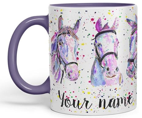 Vixar Personalised with Your Horses Horse Farm Animals Watercolour Art Coloured Mug Cup Gift Birthday Custom Work Office Tea Coffee (Purple)