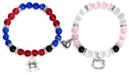 Pärchen Armband Magnetische Armbänder für Paare Partnerarmbänder, Herz Naturstein Matching Paar Armbänder Freundschaft Personalisierte Armbänder für Paare und Bester Freund (Kitty und Spider)