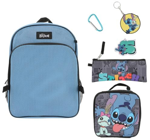 Disney Stitch - Juego de mochila y lonchera de malla de 5 piezas, Lilo & Stitch Blue-2, Talla unica , Personalizado
