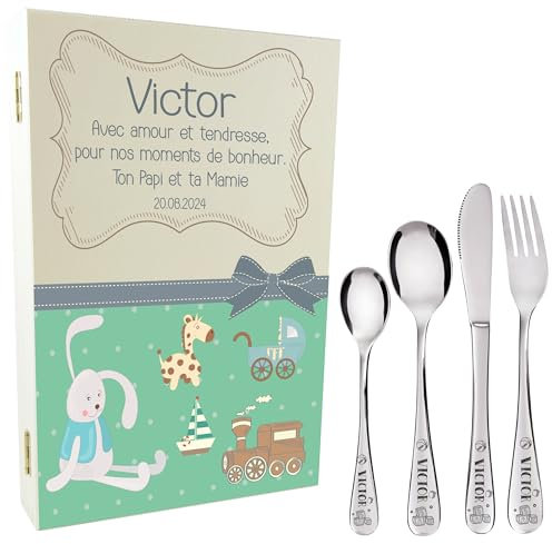 Gravure Events Coffret en Bois avec 4 Couverts personnalisés pour Enfant - prénom gravé en France - Acier Inoxydable - Cadeau Noël bébé, Baptême, Cadeau de Naissance Fille ou garçon - Modèle Jouets