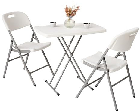 NOVECRAFTO Small Folding Table & Heavy Duty White Folding Chair Set - HDPE Plastic & Powder Coated Height Adjustable Table & White Chair with Matte Grain Surface for Camping, Garden, BBQ, and Kitchen