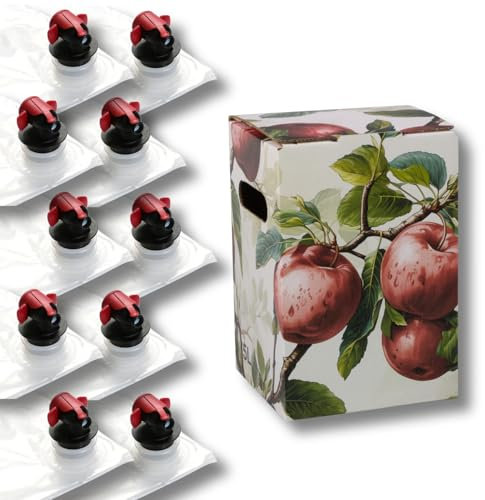 AGRI plus Bag-in-Box-Beutel mit Karton I 5 Liter I 10 Stück I Hochwertiges Saftbeutel-Set mit Rote-Äpfel-Motiv I Bis zu 40 x wiederverwendbar I Standboden-Beutel für Apfelsaft, Saft & Wein