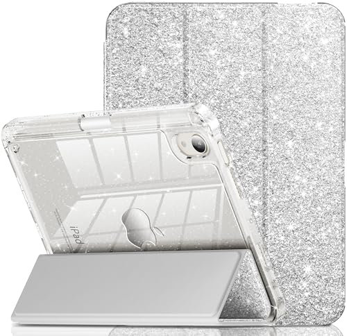 INFILAND Schutzhülle für iPad mini 7 (A17 Pro), iPad mini 7. / 6. Generation 2024/2021 8,3 Zoll, glitzernde niedliche Schutzhülle mit transparenter Glitzer-Rückseite, Stifthalter für Kinder und