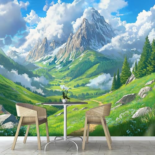Panoramique Papier peint soie 450×315 cm Mural， Vallée Verte Paysage De Dessin Animé Tapisserie Photo Peinture Murale Décoration Convient pour la décoration du salon et de la chambre