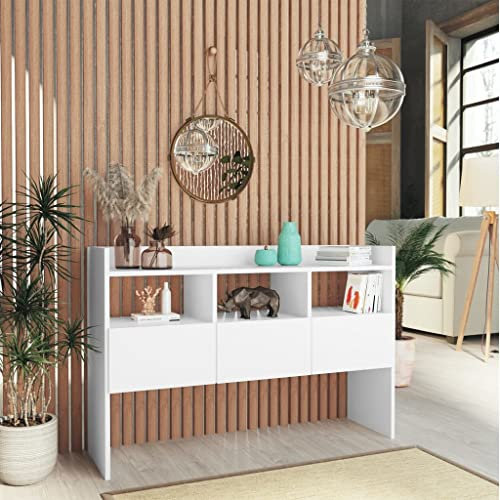 Kommode Modern Stil aus Holzwerkstoff, Anrichte mit 3 offenen Fächern & 3 Schubladen, Schmaler Flurtisch Sideboard Schubladenschrank für Wohnzimmer, Flur, Weiß 105x30x70 cm