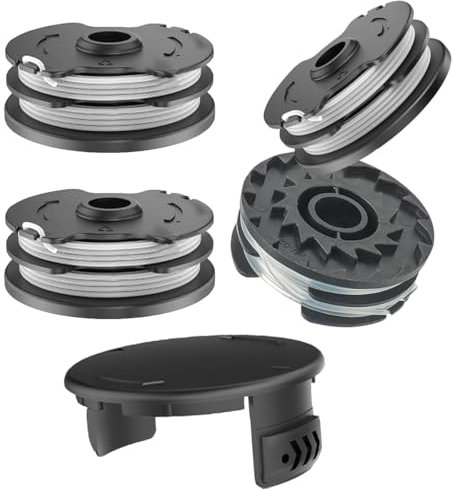 4 Garnspulen für Trimmer: Dieses Set ist kompatibel mit den Modellen Parkside 13600210 sowie den Rasentrimmern LIDL PRTA 20-Li C3 A1B2, PRT 550 A1 A3 und PRT 300 A1. (4 Spulen und 1 Ersatzdeckel)