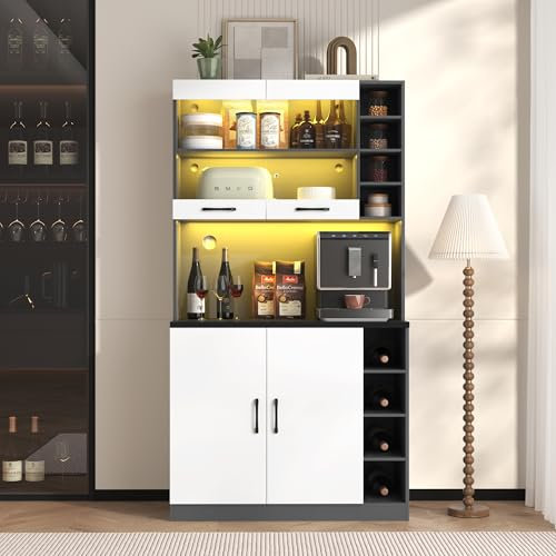 SogesHome Küchenschrank Midi- & Hochschränke Buffet Küchen Highboard aus Holz mit LED Beleuchtung, Höhenverstellbare seitliche Ablagefächer,100x47x187 cm (Weiß Grau)
