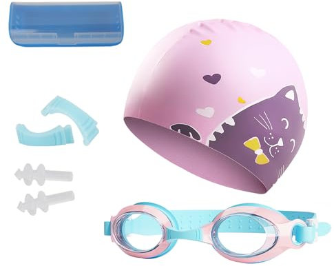 YJZQ Lunette de nation + Bonnet de Bain en Silicone étanches et Anti-buée Set de Piscine Fille garçon Lunettes Protège Yeux réglable 45-55cm