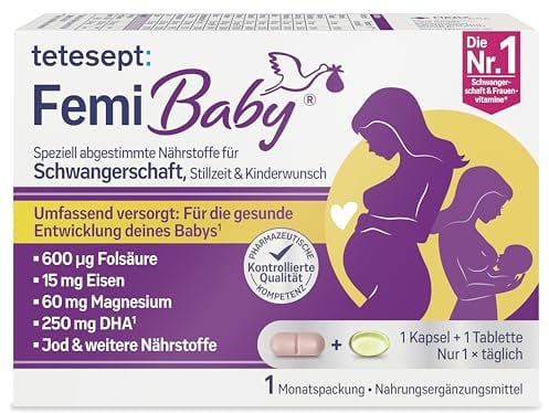 tetesept Femi Baby – 16 Nährstoffe für Kinderwunsch, Schwangerschaft & Stillzeit – mit Folsäure, Eisen, Jod + DHA – 1 x Monatspackung à 30 Tabletten + 30 Kapseln NEU