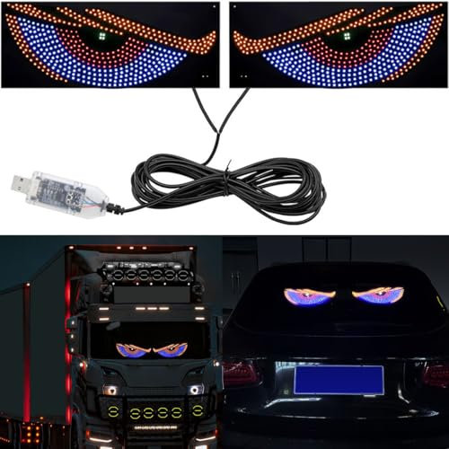 Diablo Ojos Luz para Coches,Ojos de LED para el Coche,Pantalla LED Flexible para Coche de 12cm x 30cm,Ojos Parabrisas Animados Led,Ojos Grandes Dinámicos Personalizados para el Parabrisas del Coche