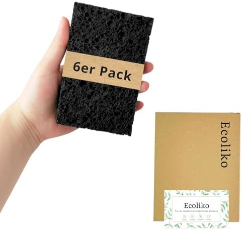 Ecoliko Quellschwamm aus Zellulose, Schwamm ohne Mikroplastik, Schwarz [6er Pack] biologisch abbaubar | saugstark & waschbar | aufgequollen ca. 11×6,5×1,5cm