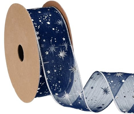 PATIKIL Organza Star Ribbon Wired, 1.6 Inch Wide 20 Yards Christmas Tree Print Sheer Glitter Ribbon for Gift Wrapping Garland Bouquet Ornaments Party Decorations, Navy Blue