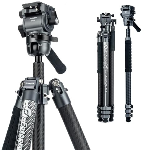 Fotopro 67.3 Carbon Fiber Travel Tripod, Professional Heavy Duty Video Tripod with Hydraulic Spherical Pan-Tilt Flip Lock Max Load 22lbs, wih Monopod Phone Clip, X-AIRFLY Max Video Grey