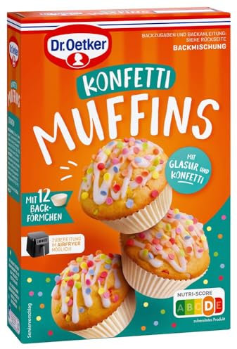 Oetker Konfetti Muffins: 4er Muffin Set zum Backen von kunterbunten Muffins inklusive Muffin Papierbackförmchen, Zuckerkonfetti und Glasurmischung (4 x 360g)