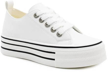 IMTY Womens Platform Canvas Trainers Lace Up Chunky Sole Baseball Sneakers Ladies Flat Low Top Fashion Trainer Pumps (White PU, UK Footwear Size System, Adult, Women, Numeric, Medium, 6)