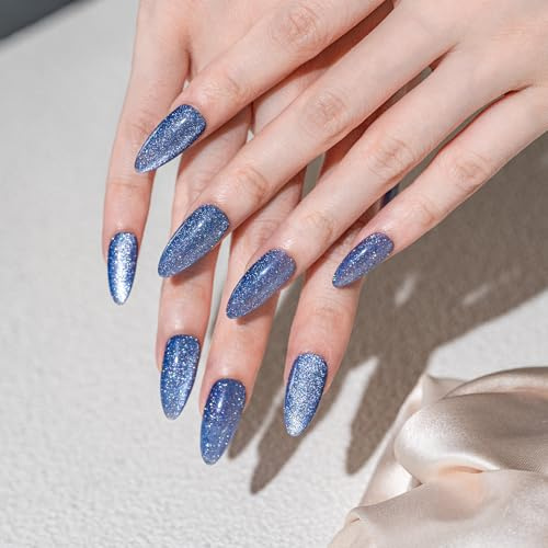 Sun&Beam Nails Handmade Press-On Nails Medium Almond Blue (#239 M) | Handmade 10-piece set in deep blue with silver glitter and a subtle shimmer finish.