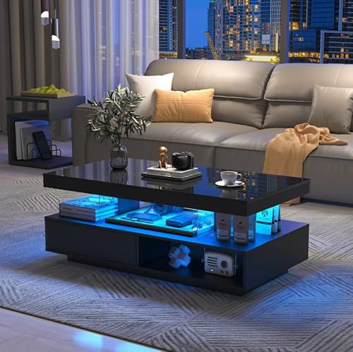 BTM High Gloss Coffee Table with LED Lights, Rectangle Coffee Table for Living Room, Black, 95 * 50 * 42.5cm