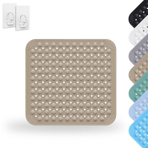Tappetino Doccia, 48 x 48 cm Tappeto Doccia Quadrato Lavabile in Lavatrice con Ventosa, Tappeto Doccia in PVC Antiscivolo, Tappeto Massaggiante Antiscivolo per Doccia, incl. 2 Ganci, Cachi