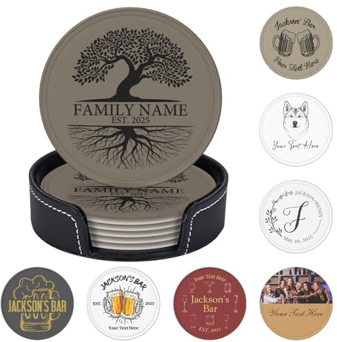 Personalised Coasters Set of 6 Personalized PU Leather Coasters for Drinks Add Your Own Text Logo Custom Non-Slip Drink Mat Cup Holder for Wedding Housewarmings Birthday Anniversary