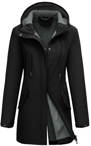 CMTOP Veste Imperméable Femme Chaude Léger Manteau de Pluie Mi-long Coupe-vent Parka Trench Coat Décontractée d'Extérieur Printemps Automne Blousons pour Camping Randonnée