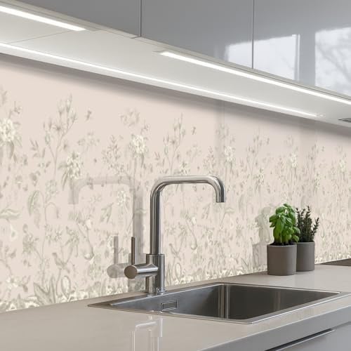 KitchenYeah© Küchenrückwand Selbstklebend Küchenspritzschutz Rückwand | 60x500 cm - Wandschutz Ohne Bohren Spritzschutz Wand Wandverkleidung Blumen - Botanisch - Beige - Vintage