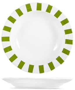 H&H Set of 6 Emerald Stoneware Soup Plates – Diameter 20 cm – White and Green Stripes Decoration – Dishwasher and Microwave Safe