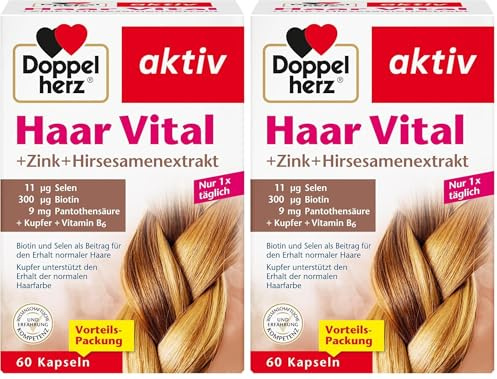 Doppelherz Haar Vital + Zink + Hirsesamenextrakt - Biotin als Beitrag für den Erhalt normaler Haare - Kupfer unterstützt den Erhalt der normalen Haarfarbe - 60 Kapseln (Packung mit 2)