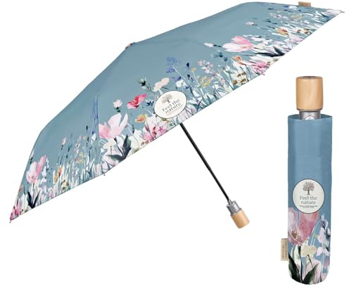 PERLETTI GREEN Damen Taschenschirm Ökologisch Automatik - Kompakt Klein Schirm Natürlich Öko Eco Friendly - Umwelfreundlicher Regenschirm Sturmfest Mini aus Holz - Durchm 96 cm