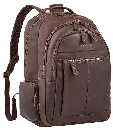 STILORD Alaric XL Business Rucksack Herren Leder Laptoprucksack 17 Zoll viele Fächer für DIN A4 Ordner Lederrucksack großer Arbeitsrucksack Männer mit Trolley-Halterung Farbe:zamora - braun