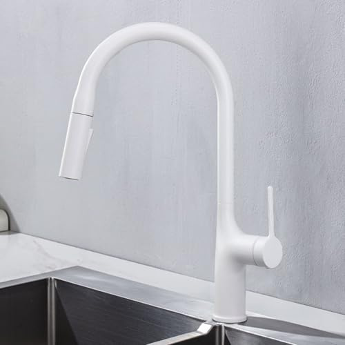 ZYCDP Wasserhahn Küche Ausziehbar Einhebel mit 2 Modi Küchenarmatur 360 Drehbar aus Messing Weiß