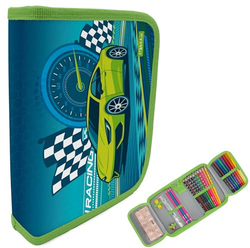 itenga Federmäppchen Jungen 28-teilig gefüllt – Schüler-Etui 1-Zipper mit Stiften, Lineal & Zubehör – Mäppchen Schule Grundschule (Motiv Rennauto Nitron)