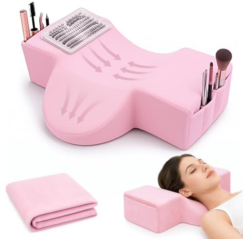 Wimpernkissen U-förmig für Wimpernverlängerung, ergonomisches Memory-Schaum-Kissen mit 22° Neigung, Seitentaschen für Pinzette & Bürste, waschbare Bezüge für Kosmetik, Physiotherapie & Entspannung