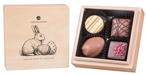 CHOCOLISSIMO - 4 Premium Pralinen in Holzbox, Edles Ostergeschenk für Erwachsene, Luxus Osterpralinen, Oster-Geschenkidee, Edles Ostergeschenk für Erwachsene, Hochwertige Geschenkidee, Oster-Geschenke
