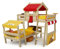 Wickey Kinderbett Etagenbett Crazy Trunky aus Massivholz - rot/gelbe Plane Hausbett, 90 x 200 cm Hochbett mit Spielzeugzubehör für Kinder - individuell Gestaltbar