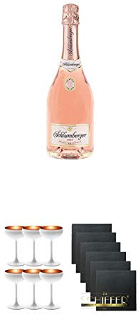 Schlumberger Sekt Brut Rosè Österreich 0,75 Liter + Sektschale Stölzle 6 Gläser - Olympic Serie matt-weiß BRONZE 273/88/08 + Schiefer Glasuntersetzer eckig 6 x ca. 9,5 cm Durchmesser
