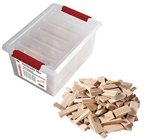 140 x INOVATEC Holz Keile Hartholzkeile Buchenholz, natur, gemischte Auswahl in praktischer Kunststoff Box