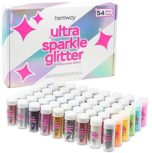 Hemway Glitter Tube Ultra Sparkle Box (54 Pack) | Extra Fine Metallic Flakes Shaker Set for Resin & Epoxy Crafts | Assorted Colour Craft Supplies for Festival, Hair, Face, Body, Eye & Nail Art