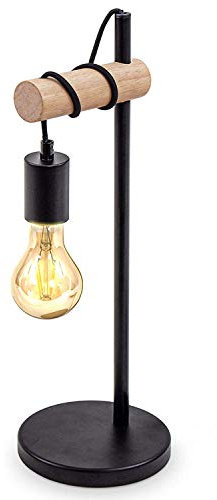Tischlampe, 1 flammige Vintage Tischleuchte, Retro Lampe, Nachttischlampe aus Stahl und Holz, Holz, Rund, E27 Fassung, Ohne Leuchtmittel