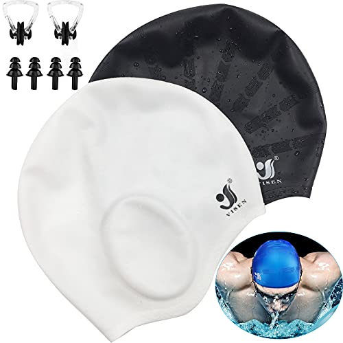 Unisex-Schwimmkappen-Ohrenschutz,2Pcs Silikon-Schwimmkappen für kurzes/langes Haar mit Ohrstöpseln&Nasenklammer,wasserdichte Flexible Schwimmkappe für Frauen Männer Erwachsene Kinder (Schwarz+Weiß)
