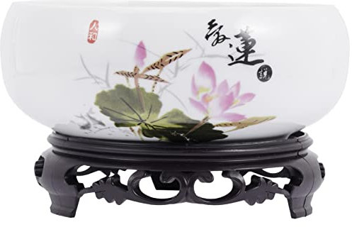 Alipis Ceramic Planter Bowl Aquatic Plant Pot Round Shallow Planter Vintage Chinese Pot No Hole with Base Stand for Plants Decorative Flower Container Bowl