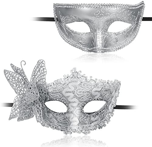 Aomig Venezianische Maske, 2 Stück Maskerade Augenmaske für Damen Herren, Sexy Katzenmaske Masken für Fasching Maskenball Karneval Abendkleid Party (Silber)