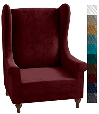 XINEAGE 1 Piece Velvet Wingback Chair Slipcover Stretch Wing Chair Cover Non Slip Furniture Protector with Foam Rods for Living Room (Wingback Chair, Wine Red)