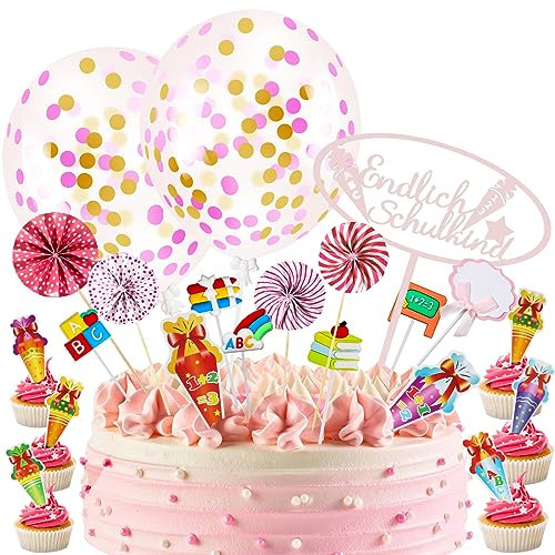 Einschulung Tortendeko,Endlich Schulkind Schulanfang ,Kuchendeko Mit ABC 123 Zuckertüte Konfetti Ballon Deko Tortenaufsätze Torten Cupcake Muffin Topper für Junge Mädchen Party Deko,Rosa