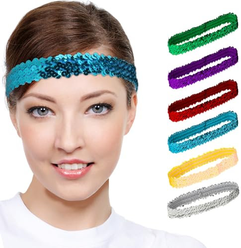 6 Stück Pailletten Stirnband Elastisch Haarbänder Glitzer Stirnbänder Verstellbare Haarband Glitzerndes Kopfbedeckung für Frauen und Mädchen Party Deko