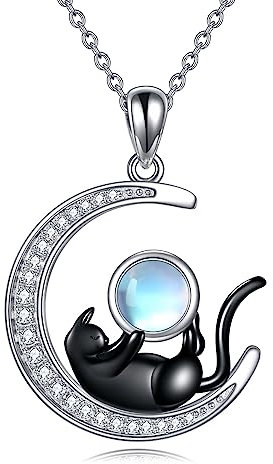 YAFEINI Black Cat Moonstone Necklace for Women Moon Cat Pendant 925 Sterling Silver Jewellery Gift for Girls (moonstone cat)