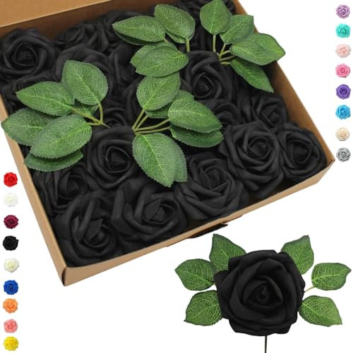 25 rose finte nere artificiali, rose artificiali in schiuma realistica al tatto, rose finte con stelo, per decorazioni per matrimoni, addio al nubilato, artigianato, casa, baby shower, San Valentino