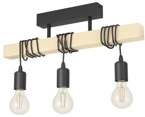 EGLO Deckenlampe Townshend, 3 flammige Vintage Deckenleuchte im Industrial Design, Retro Pendelleuchte aus Stahl und Holz, Schwarz, braun, FSC zertifiziert, E27 Fassung