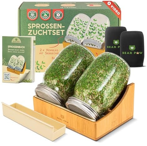 BEAR PAW® Sprossenglas 2er Set - 1000ml Keimglas für Sprossen Keimlinge - (inkl. Bambushalterung, Abdunklungshüllen, Gratis Videokurs, Sprossenbuch) - Sprossenglas Keimglas Set - Sprossen Keimgerät