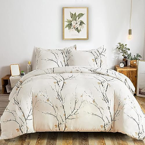 Freyamy Housse de Couette Floral 240x260+2 Taie d'oreiller 65x65cm Beige Fleurie Imprimé Parure de lit 2 Personnes Adulte Fleurs Sets de Housse Couette en 100% Microfibre avec Fermeture Éclair