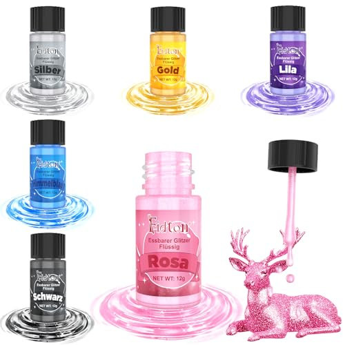 Flüssig Essbarer Glitzer - Fidton 6 Farben Metallischer Glitzer Essbar Lebensmittelfarbe Gold Flüssig für Torten, Edible Glitter Lebensmittel Glitzer für Getränke, Fondant Gold, Keksen - 12 g/stück